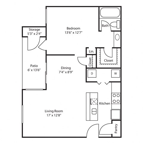 Floor plan for 1 bed, 1 bath, 725 sqft
